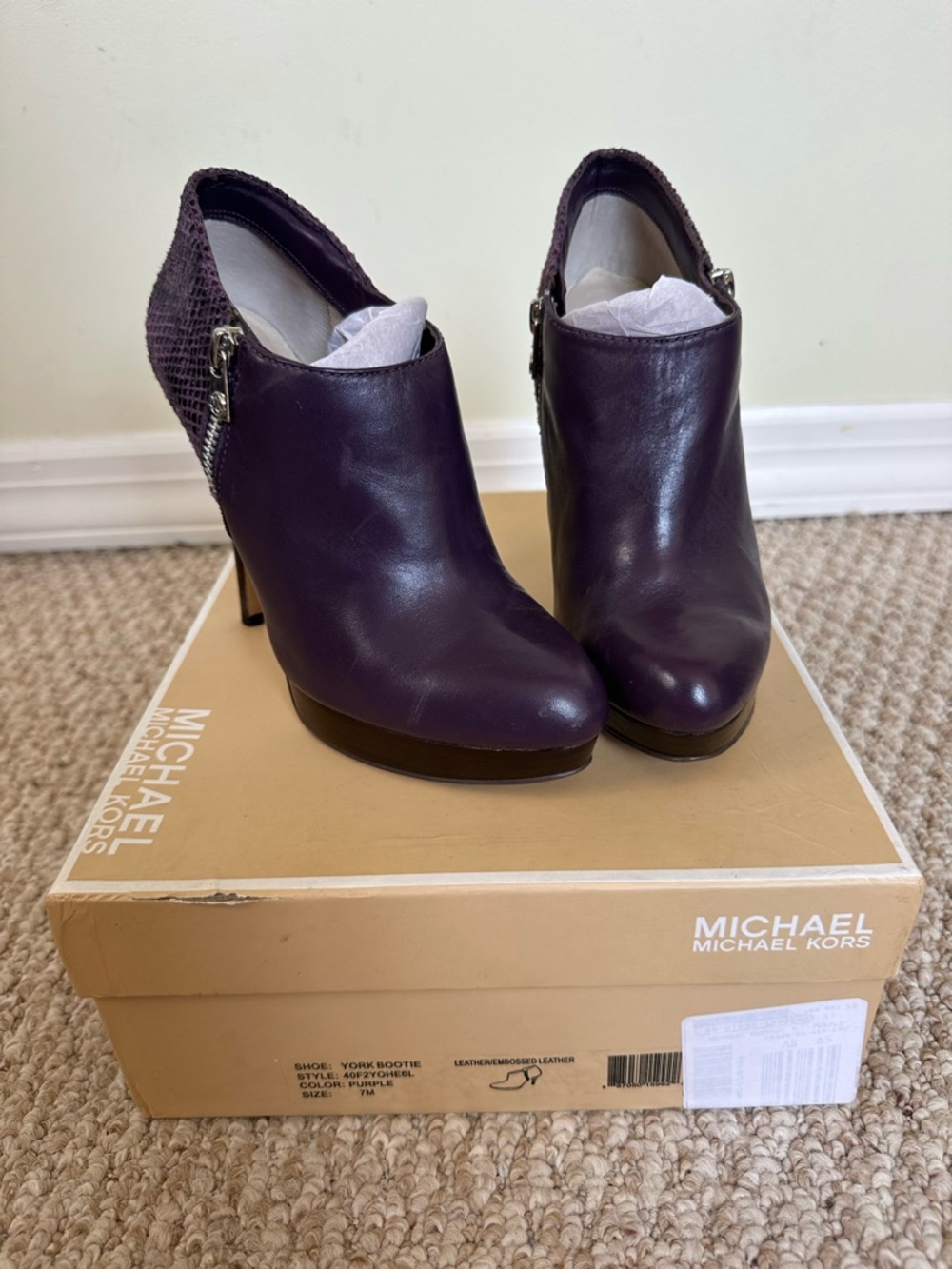 Michael Kors Dark Purple Leather Ankle Booties with Textured Back